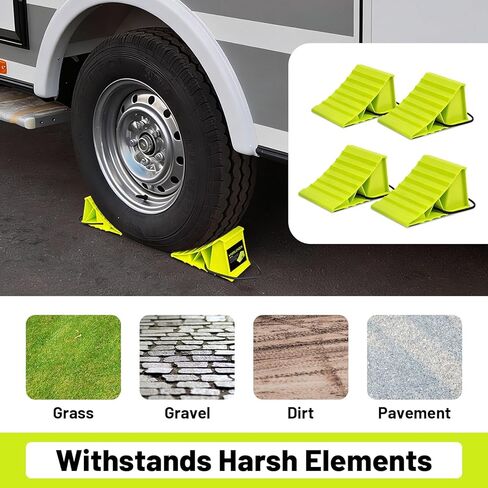 ROBLOCK 4 Pairs Wheel Chocks for Travel Trailers, Non Slip Base Heavy Duty Green Camper Wheel Chockwith Rope, Lightweight Wheel Stoppers for Cars, Camper Trucks, RVs, Easy to Carry, Green in Kuwait