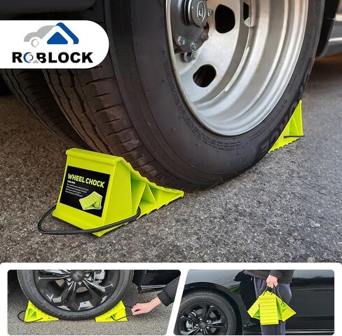 ROBLOCK 4 Pairs Wheel Chocks for Travel Trailers, Non Slip Base Heavy Duty Green Camper Wheel Chockwith Rope, Lightweight Wheel Stoppers for Cars, Camper Trucks, RVs, Easy to Carry, Green in Kuwait