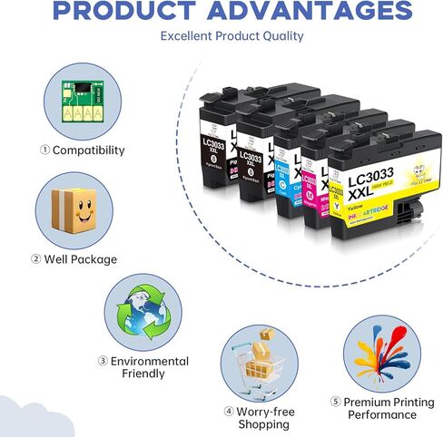 خرطوشة حبر Miss Deer LC3033 BK/C/M/Y، بديلة متوافقة لطابعة Brother LC3033XXL LC-3033، تعمل مع طابعة Brother MFC-J995DW MFC-J995DWXL MFC-J815DW MFC-J805DW MFC-J805DWXL، 5 عبوات in Kuwait