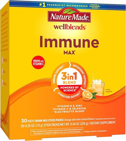 Nature Made Wellblends ImmuneMAX Fizzy Drink Mix, Vitamin C 2000mg with Zinc 20 mg, Vitamin D3 1000 IU (25 mcg), plus Seven B Vitamins and Electrolyte Hydration Blend, 30 Stick Packs in Kuwait