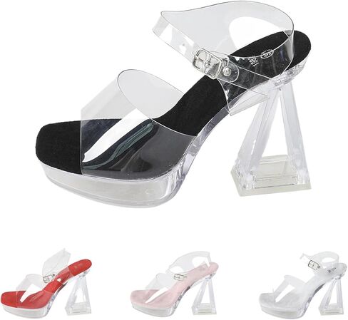 Women's 4.72 In Clear Platform Chunky Heel Sandal Fashion Comfortable Square Open Toe Adjustable Ankle Buckle Non-Slip Platform Block Heel Dress Sandals for Summer Party Wedding in Saudi Arabia