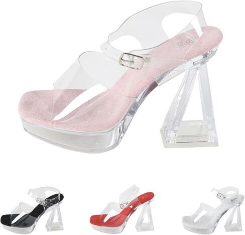Women's 4.72 In Clear Platform Chunky Heel Sandal Fashion Comfortable Square Open Toe Adjustable Ankle Buckle Non-Slip Platform Block Heel Dress Sandals for Summer Party Wedding in Saudi Arabia