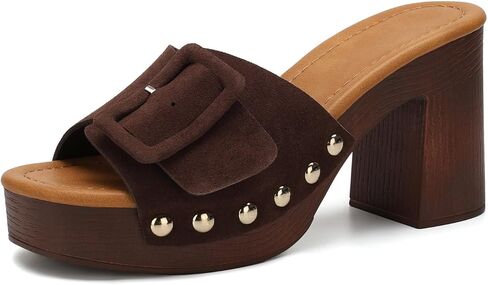 VICKI·VICKI Women's Platform Mules Suede Buckle Sandals, Sexy Open Toe High Chunky Block Heel Clogs, Retro Studded Summer Dress Slides in Saudi Arabia