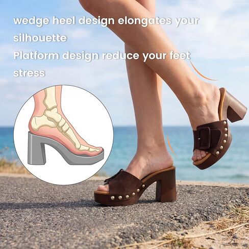 VICKI·VICKI Women's Platform Mules Suede Buckle Sandals, Sexy Open Toe High Chunky Block Heel Clogs, Retro Studded Summer Dress Slides in Saudi Arabia