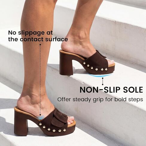 VICKI·VICKI Women's Platform Mules Suede Buckle Sandals, Sexy Open Toe High Chunky Block Heel Clogs, Retro Studded Summer Dress Slides in Saudi Arabia