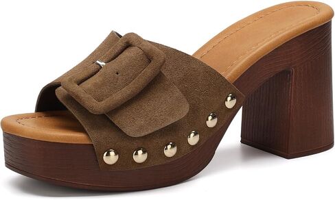 VICKI·VICKI Women's Platform Mules Suede Buckle Sandals, Sexy Open Toe High Chunky Block Heel Clogs, Retro Studded Summer Dress Slides in Kuwait