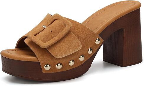 VICKI·VICKI Women's Platform Mules Suede Buckle Sandals, Sexy Open Toe High Chunky Block Heel Clogs, Retro Studded Summer Dress Slides in Saudi Arabia
