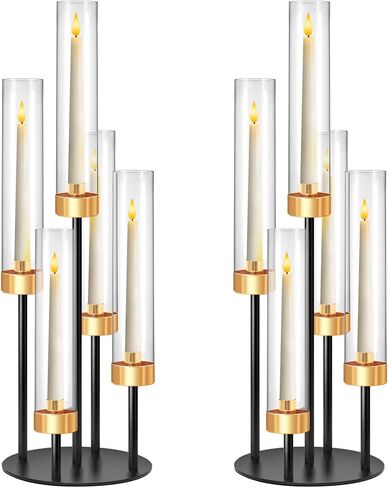 2 PCS 5-Arm Black+Gold Metal Table Candelabra Centerpiece, 22" Tall Clear Acrylic Candlesticks Holder with Shade for Valentines Day Events Party Table Centerpiece,Fit LED Candles in Kuwait