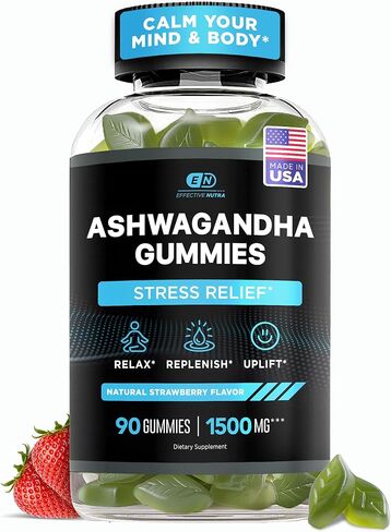 EFFECTIVE NUTRA Ashwagandha Gummies 1500mg - Stress Relief, Immune Support, Calm Mood & Increased Energy - Ashwagandha Supplements for Men & Women - Natural Strawberry Flavor (90 Count) in Kuwait