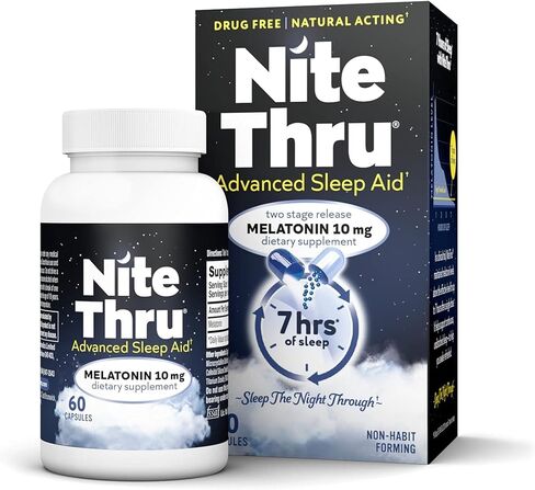 Nite Thru Advanced Sleep Aid الميلاتونين مكمل غذائي، 10 كبسولات، 60 كبسولة in Kuwait