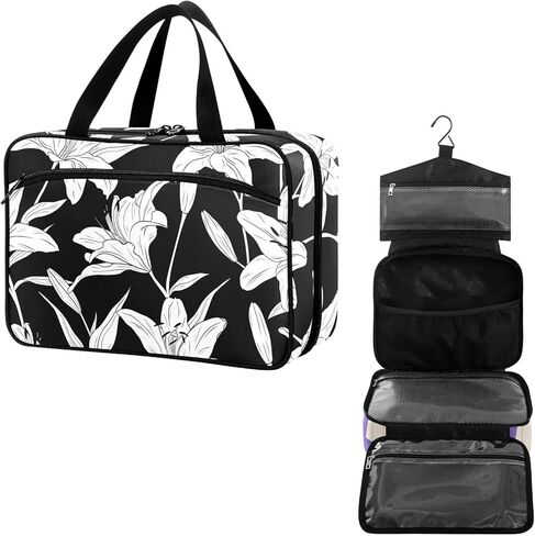 Travel Toiletry Bag for Woman/Men,White Lily Flower on Black Background Hanging Organizer Bag with Pockets Portable Folding Travel Case Bags for Makeup Cosmetic Toiletries Storage Traveling-L in Saudi Arabia