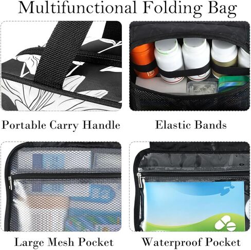 Travel Toiletry Bag for Woman/Men,White Lily Flower on Black Background Hanging Organizer Bag with Pockets Portable Folding Travel Case Bags for Makeup Cosmetic Toiletries Storage Traveling-L in Saudi Arabia