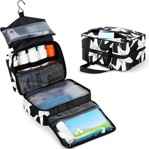 Travel Toiletry Bag for Woman/Men,White Lily Flower on Black Background Hanging Organizer Bag with Pockets Portable Folding Travel Case Bags for Makeup Cosmetic Toiletries Storage Traveling-L in Saudi Arabia