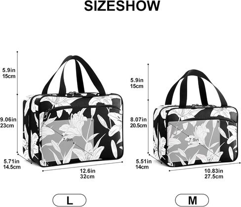 Travel Toiletry Bag for Woman/Men,White Lily Flower on Black Background Hanging Organizer Bag with Pockets Portable Folding Travel Case Bags for Makeup Cosmetic Toiletries Storage Traveling-L in Saudi Arabia