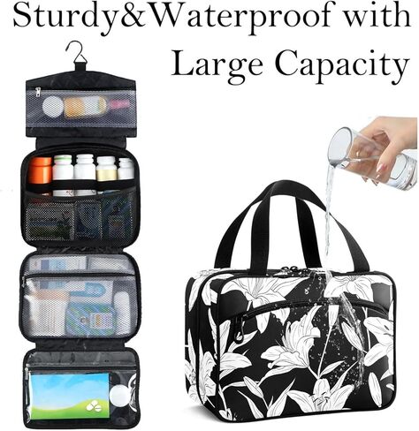 Travel Toiletry Bag for Woman/Men,White Lily Flower on Black Background Hanging Organizer Bag with Pockets Portable Folding Travel Case Bags for Makeup Cosmetic Toiletries Storage Traveling-L in Saudi Arabia
