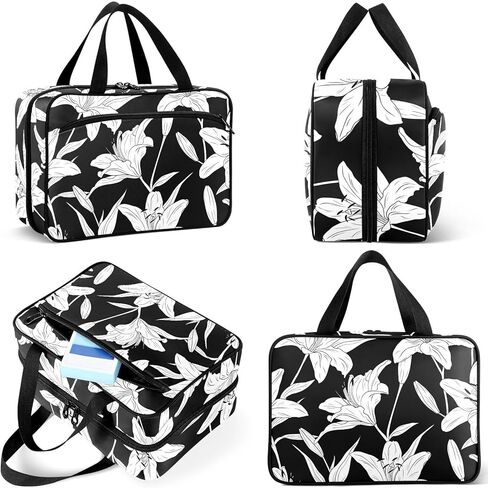 Travel Toiletry Bag for Woman/Men,White Lily Flower on Black Background Hanging Organizer Bag with Pockets Portable Folding Travel Case Bags for Makeup Cosmetic Toiletries Storage Traveling-L in Saudi Arabia