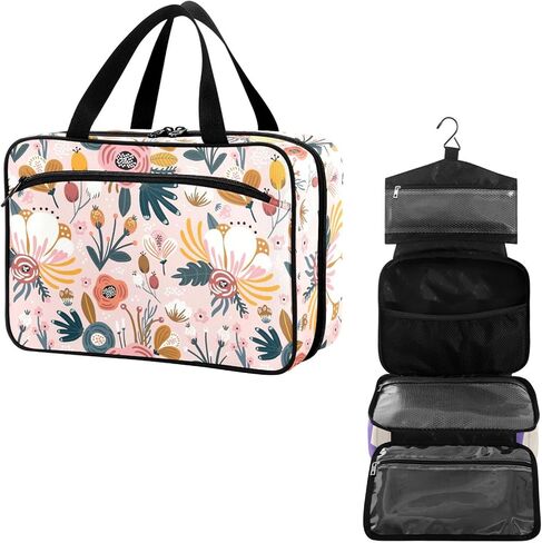 Travel Toiletry Bag for Woman/Men,White Lily Flower on Black Background Hanging Organizer Bag with Pockets Portable Folding Travel Case Bags for Makeup Cosmetic Toiletries Storage Traveling-L in Saudi Arabia