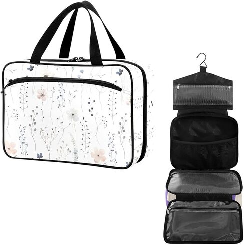 Travel Toiletry Bag for Woman/Men,White Lily Flower on Black Background Hanging Organizer Bag with Pockets Portable Folding Travel Case Bags for Makeup Cosmetic Toiletries Storage Traveling-L in Saudi Arabia