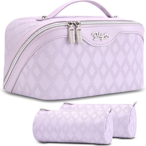 BOYATU Travel Makeup Bag for Women: Large Capacity 3-Piece Quilted Cosmetic & Toiletry Organizer - 2 Detachable Pouches Expand Storage by 50%, Open Flat for Easy Packing, Waterproof PU Leather(Purple) in Saudi Arabia