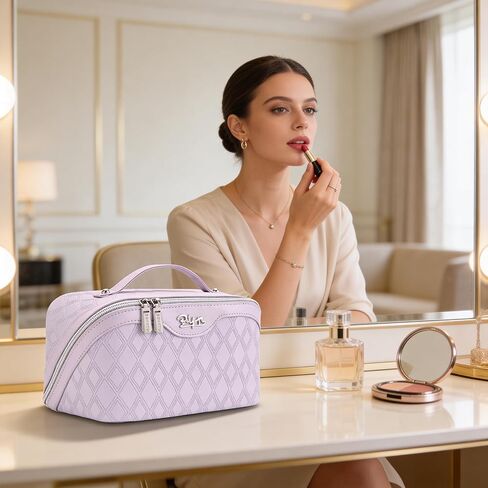 BOYATU Travel Makeup Bag for Women: Large Capacity 3-Piece Quilted Cosmetic & Toiletry Organizer - 2 Detachable Pouches Expand Storage by 50%, Open Flat for Easy Packing, Waterproof PU Leather(Purple) in Saudi Arabia