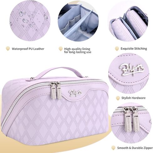BOYATU Travel Makeup Bag for Women: Large Capacity 3-Piece Quilted Cosmetic & Toiletry Organizer - 2 Detachable Pouches Expand Storage by 50%, Open Flat for Easy Packing, Waterproof PU Leather(Purple) in Saudi Arabia
