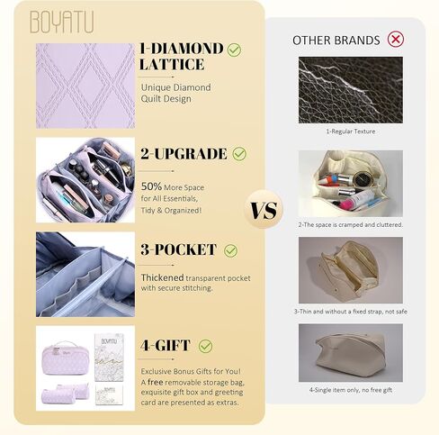 BOYATU Travel Makeup Bag for Women: Large Capacity 3-Piece Quilted Cosmetic & Toiletry Organizer - 2 Detachable Pouches Expand Storage by 50%, Open Flat for Easy Packing, Waterproof PU Leather(Purple) in Saudi Arabia
