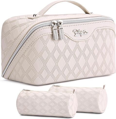 BOYATU Travel Makeup Bag for Women: Large Capacity 3-Piece Quilted Cosmetic & Toiletry Organizer - 2 Detachable Pouches Expand Storage by 50%, Open Flat for Easy Packing, Waterproof PU Leather(Purple) in Saudi Arabia