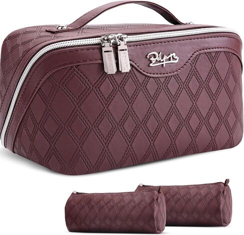 BOYATU Travel Makeup Bag for Women: Large Capacity 3-Piece Quilted Cosmetic & Toiletry Organizer - 2 Detachable Pouches Expand Storage by 50%, Open Flat for Easy Packing, Waterproof PU Leather(Purple) in Saudi Arabia