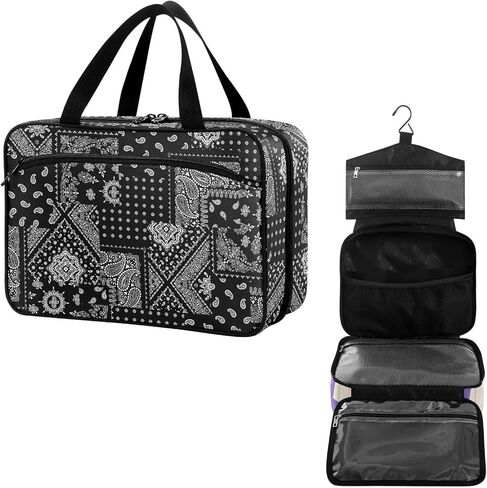 Travel Toiletry Bag for Woman/Men,White Lily Flower on Black Background Hanging Organizer Bag with Pockets Portable Folding Travel Case Bags for Makeup Cosmetic Toiletries Storage Traveling-L in Saudi Arabia