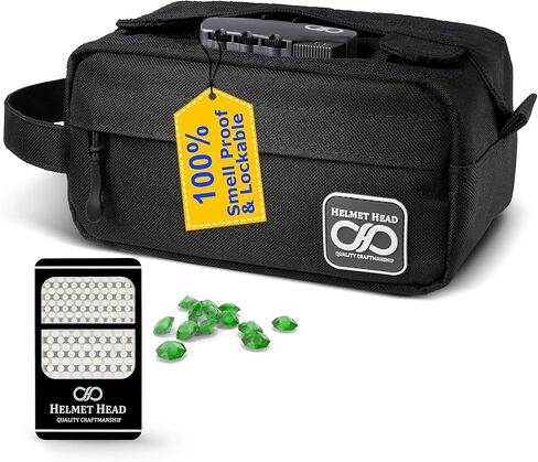 HELMET HEAD Smell Proof Bag, Water Repellent Stash Box, Compact Travel Bag with Combination Lock and Grinder Card For Your Mason Jars, Mylar Bags and Herbs (Black) in Saudi Arabia