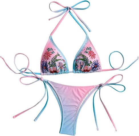 طقم بيكيني نسائي مكون من قطعتين، بدلة سباحة بسلسلة مثلثة مطرزة بالزهور، بدلة استحمام ذات قصة عالية in Kuwait