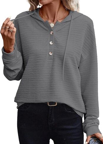 Womens Pullover Hoodies Button Drawstring Sweatshirts Casual Long Sleeve Ribbed Knit Fall Tops in Saudi Arabia