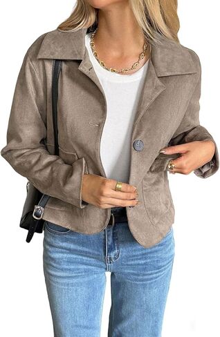 utcoco Women's Faux Suede Cropped Jacket Lapel Collar Button Down Casual Vintage Short Outerwear with Pockets in Saudi Arabia