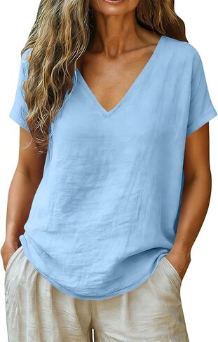 Wkishenl Summer Tops for Women 2026 Cotton Linen Deep V Neck Short Sleeve Tunic Blouses Loose Casual Vacation Trendy Clothes in Saudi Arabia