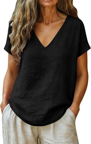 Wkishenl Summer Tops for Women 2026 Cotton Linen Deep V Neck Short Sleeve Tunic Blouses Loose Casual Vacation Trendy Clothes in Saudi Arabia