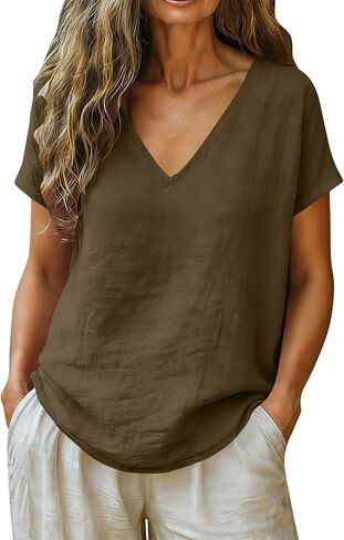 Wkishenl Summer Tops for Women 2026 Cotton Linen Deep V Neck Short Sleeve Tunic Blouses Loose Casual Vacation Trendy Clothes in Saudi Arabia