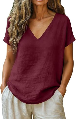 Wkishenl Summer Tops for Women 2026 Cotton Linen Deep V Neck Short Sleeve Tunic Blouses Loose Casual Vacation Trendy Clothes in Saudi Arabia
