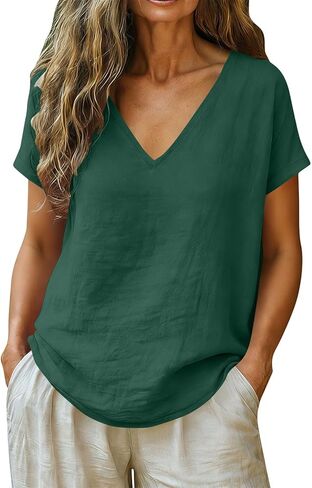 Wkishenl Summer Tops for Women 2026 Cotton Linen Deep V Neck Short Sleeve Tunic Blouses Loose Casual Vacation Trendy Clothes in Saudi Arabia
