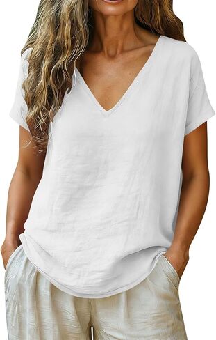 Wkishenl Summer Tops for Women 2026 Cotton Linen Deep V Neck Short Sleeve Tunic Blouses Loose Casual Vacation Trendy Clothes in Saudi Arabia