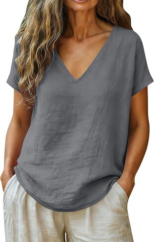 Wkishenl Summer Tops for Women 2026 Cotton Linen Deep V Neck Short Sleeve Tunic Blouses Loose Casual Vacation Trendy Clothes in Saudi Arabia