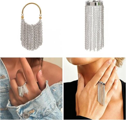 Adjustable Size Rings Delicate Gold and Silver Color Chain Fringe Rings Stainless Steel Jewelry for Fashionable Women in Kuwait