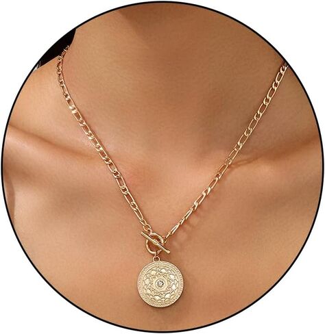 Coin Necklace for Women Hip Hop Toggle Medallion Pendant Necklace Trend Silver Pressed Flower Necklace Charm Punk Statement Jewelry Gifts Gold Silver in Saudi Arabia