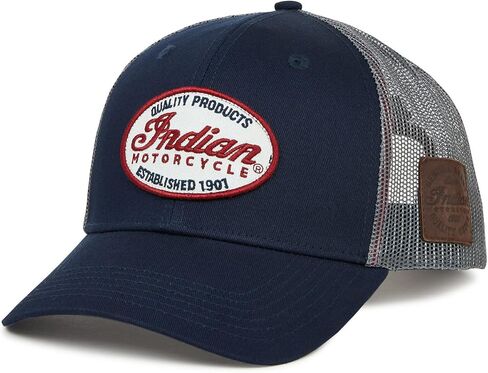 Indian Motorcycle Men's Script Patch Trucker Hat, Blue, One Size, Regular Fit, Snapback, Breathable Mesh, Embroidered Patch, Adjustable - 2861678,Blue in Kuwait