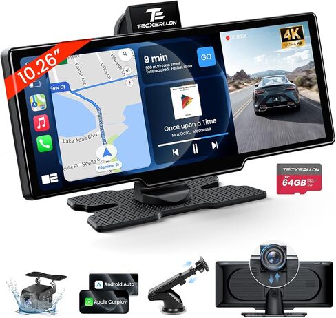 10.26" Wireless Carplay Screen for Car with 4K Dash Cam & 1080P Backup Camera, Portable Car Audio Receivers with Carplay & Android Auto, GPS Navigation, Airplay, Mirror Link in Kuwait