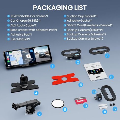 10.26" Wireless Carplay Screen for Car with 4K Dash Cam & 1080P Backup Camera, Portable Car Audio Receivers with Carplay & Android Auto, GPS Navigation, Airplay, Mirror Link in Kuwait