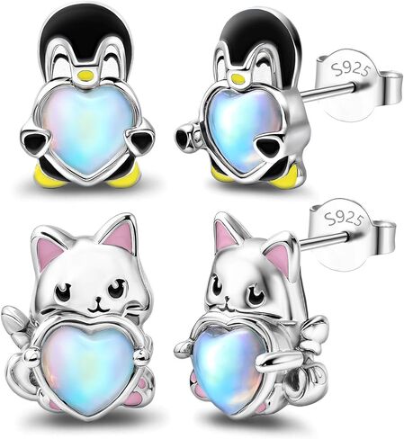Silver Stud Earrings Set for Women – Sterling Silver Hypoallergenic Earrings Cute Cartoon Animal Earrings Penguin Earrings Cat Earrings Imitation Moonstone Heart Hug Earrings Jewelry Gifts in Saudi Arabia