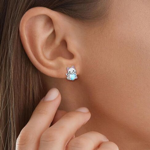 Silver Stud Earrings Set for Women – Sterling Silver Hypoallergenic Earrings Cute Cartoon Animal Earrings Penguin Earrings Cat Earrings Imitation Moonstone Heart Hug Earrings Jewelry Gifts in Saudi Arabia