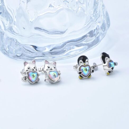 Silver Stud Earrings Set for Women – Sterling Silver Hypoallergenic Earrings Cute Cartoon Animal Earrings Penguin Earrings Cat Earrings Imitation Moonstone Heart Hug Earrings Jewelry Gifts in Saudi Arabia
