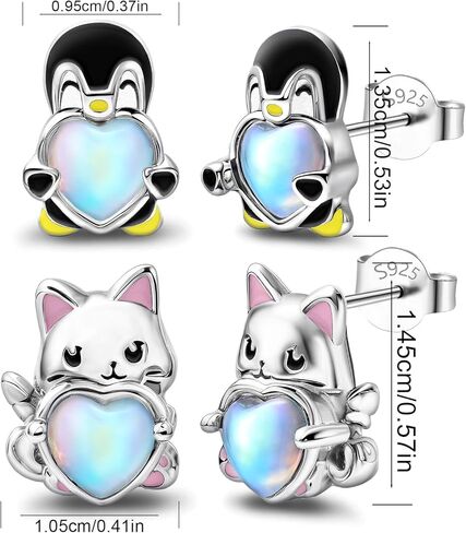 Silver Stud Earrings Set for Women – Sterling Silver Hypoallergenic Earrings Cute Cartoon Animal Earrings Penguin Earrings Cat Earrings Imitation Moonstone Heart Hug Earrings Jewelry Gifts in Saudi Arabia