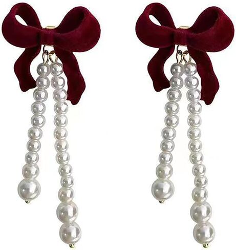 Red Flocking Bow Pearl Stud Earrings Fashion Bow Pearl Tassel Earrings for Women Birthday Christmas Gifts in Saudi Arabia